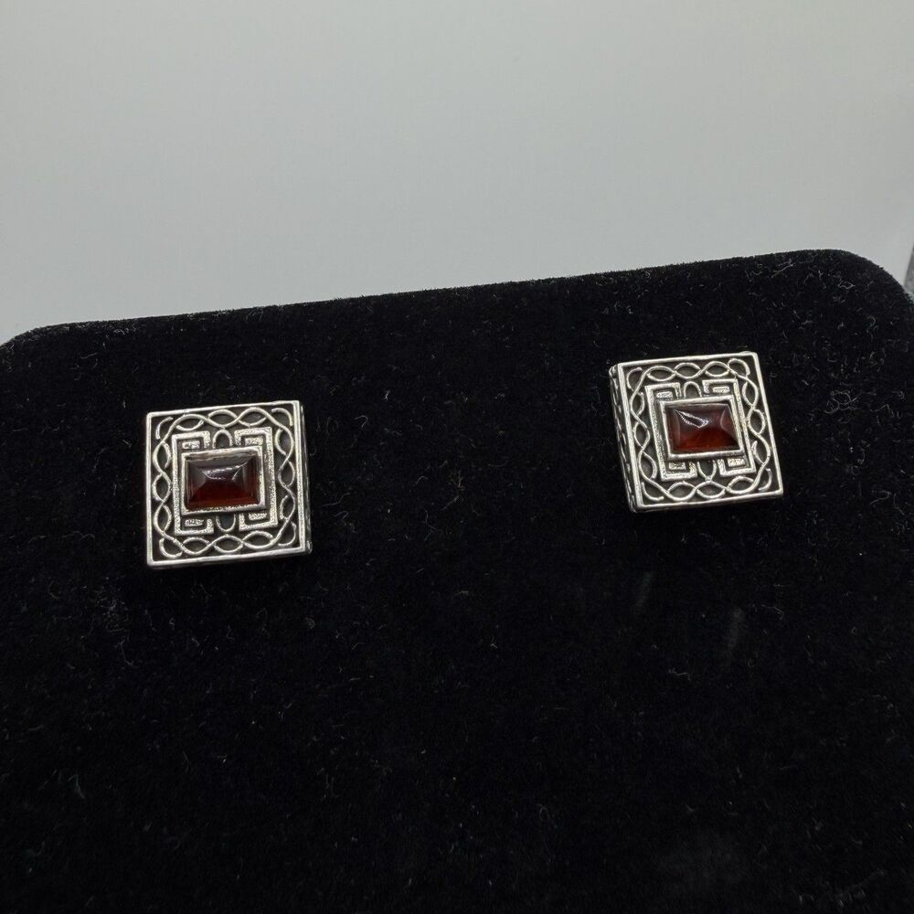 Sterling Silver Red Gemstone Square Stud Earrings Ornate Geometric Estate